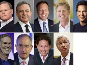 This photo combination shows the highest-paid CEOs at big U.S. companies for 2018, as calculated by The Associated Press and Equilar, an executive data firm. Top row, from left: David Zaslav, Discovery, $129.5 million; Robert Iger, Walt Disney, $65.6 million; Stephen MacMillan, Hologic, $42 million; and Joseph Hogan, Align Technology, $41.8 million; and Daniel Schulman, PayPal, $37.8 million. Bottom row, from left: Reed Hastings, Netflix, $36.1 million; Brian Roberts, Comcast, $35 million; Robert Kotick, Activision Blizzard, $30.8 million; and James Dimon, JPMorgan Chase, $30 million. (AP Photo)