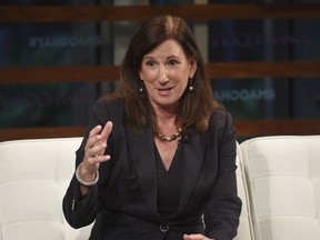 FILE - In this Sept. 20, 2018 file photo, Deloitte CEO Cathy Engelbert participates in the Yahoo Finance All Markets Summit: A World of Change at The Times Center in New York. A person familiar with the decision says Engelbert will be the new WNBA president. The person spoke to The Associated Press on condition of anonymity, Wednesday, May 15, 2019, because the league hasn't publicly announced the hiring.