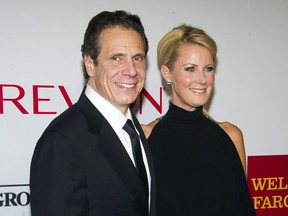 FILE - In this Oct. 28, 2014 file photo, New York Gov. Andrew Cuomo, left, and Sandra Lee attend the Elton John AIDS Foundation's 13th Annual "An Enduring Vision" benefit in New York. Lee says she and her longtime partner, Cuomo, are selling their house in the New York City suburbs. Lee tells The New York Times that the 1950s Colonial in the northern Westchester County enclave of New Castle will be listed for $2.3 million.