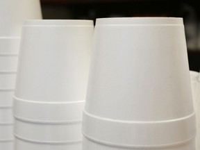 FILE - In this Feb. 14, 2013 file photo, polystyrene foam soup containers are stacked in a New York restaurant. Maine is banning single-use food and drink containers made from polystyrene foam. Democratic Gov. Janet Mills signed the bill into law Tuesday, April 30, 2019; environmental advocates say that makes Maine the first state to ban disposable foam food containers. Supporters say the law, which goes into effect Jan. 1, 2021, will reduce litter in the state's lakes, rivers and coastal waters.