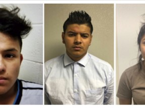 This combination of undated images provided by the George's County Police Department shows from left to right, Josue Fuentes-Ponce, Joel Escobar and Cynthia Hernandez-Nucamendi. The teenagers were arrested and charged as adults with first-degree murder after a missing was found dead in a Riverdale, Md. creek on Wednesday, May 15, 2019.  Authorities say they're working to identity a fourth person involved in the slaying.  (George's County Police Department via AP)