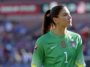 FILE - In this Feb. 13, 2016, file photo, United States goalie Hope Solo walks off the field at half time of a CONCACAF Olympic qualifying tournament soccer match against Mexico in Frisco, Texas. Solo was in goal four years ago in Canada when the United States won soccer's most prestigious tournament. She has no regrets about her acrimonious breakup with the team, which will seek to defend its title at the Women's World Cup in France.