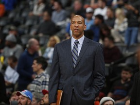 FILE - In this Jan. 19, 2016 file photo, then-Oklahoma City Thunder assistant coach Monty Williams watches during the second half of an NBA basketball game in Denver. The Phoenix Suns announced Friday, May 3, 2019, they have hired Williams as their new coach, replacing Igor Kokoskov, who was fired last week after one disappointing season.