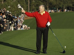 FILE - In this April 5, 2018, file photo, Jack Nicklaus is introduced before hitting an honorary first tee shot before the first round at the Masters golf tournament in Augusta, Ga. With Woods winning the Masters, Nicklaus again is being asked whether Woods can break his record in the majors.