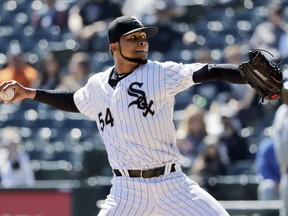 FILE - In this April 9, 2019, file photo, Chicago White Sox starting pitcher Ervin Santana throws against the Tampa Bay Rays during the first inning of a baseball game in Chicago. Santana has agreed to a minor league contract with the New York Mets pending a successful physical.  Santana became a free agent on April 29, three days after he was designated for release by the White Sox, who signed him for a $4.3 million salary this year.