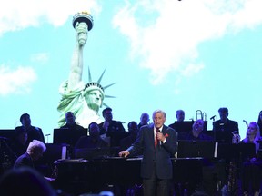 Singer Tony Bennett performs at the Statue of Liberty Museum opening celebration at Battery Park on Wednesday, May 15, 2019, in New York.