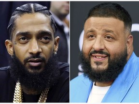 This combination photo shows rapper Nipsey Hussle at an NBA basketball game between the Golden State Warriors and the Milwaukee Bucks in Oakland, Calif. on March 29, 2018, left, and DJ Khaled at the Billboard Music Awards in Las Vegas on May 20, 2018. Khaled is releasing a single with Nipsey Hussle that was filmed days before Hussle was shot to death in Los Angeles. (AP Photo)