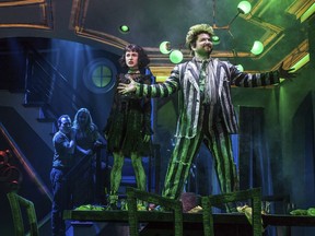 This image released by Polk & Co. shows Rob McClure, from left, Kerry Butler, Sophia Anne Caruso and Alex Brightman during a performance of "Beetlejuice," in New York. The Tony-nominated "Beetlejuice" is a stage adaptation of the Tim Burton dark comedy.
