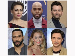 This combination of photos shows celebrities, top row from left, Alyssa Milano, Kamaro Brown, David Tennant, and bottom row from left, Omari Hardwick, Lauren Conrad and Topher Grace, who have launched podcasts. (AP Photo)