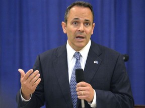 FILE - In this Nov. 6, 2015, file photo, Kentucky Governor-elect Matt Bevin addresses reporters during a news conference in Frankfort, Ky.  Bevin has lashed out at protesting teachers and ridiculed judges during a tumultuous term spent steering Kentucky on a conservative course while struggling to fix pension problems. Now the governor faces the first test of his reelection campaign in a race that could offer clues about the mood of the national electorate heading into a presidential election year.