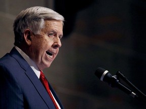 FILE - In this Jan. 16, 2019, file photo, Missouri Gov. Mike Parson delivers his State of the State address in Jefferson City, Mo. Missouri's Republican-led Legislature has passed a sweeping bill to ban abortions at eight weeks of pregnancy, and Republican Gov. Parson is expected to sign it. The House approved the measure Friday May 17, 2019.