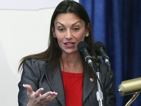 FILE - In this Jan. 30, 2019, file photo, Agriculture Commissioner Nikki Fried speaks at a pre-legislative news conference, in Tallahassee, Fla. While Florida Republican Gov. Ron DeSantis takes a large entourage of business leaders through Israel, Fried will take her own course through the country. "My main mission to being there is more to bring stuff back into our state - the technology and innovation," Fried said Thursday, May 16, a little more than a week before she leaves on her trade mission.