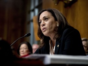 FILE - In this Wednesday, May 1, 2019, file photo, Sen. Kamala Harris, D-Calif., speaks as Attorney General William Barr testifies during a Senate Judiciary Committee hearing  on the Mueller Report on Capitol Hill in Washington. Harris says Barr "lied to Congress" and "is clearly more interested in representing the president than the American people." The Democratic presidential candidate was the keynote speaker Sunday, May 5, at the Detroit NAACP Fight for Freedom Fund dinner, attended by a mostly black audience of nearly 10,000.