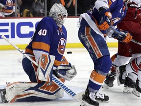 New York Islanders goaltender Robin Lehner (40), of Sweden, is unable to block a goal-scoring shot by Carolina Hurricanes right wing Nino Niederreiter, of Switzerland, during the third period of Game 2 of an NHL hockey second-round playoff series, Sunday, April 28, 2019, in New York.