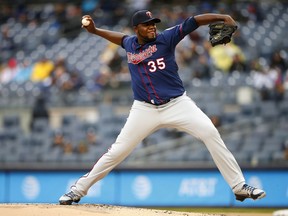 Minnesota Twins starting pitcher Michael Pineda (35) delivers against the New York Yankees in the first inning of a baseball game Sunday, May 5, 2019, in New York.