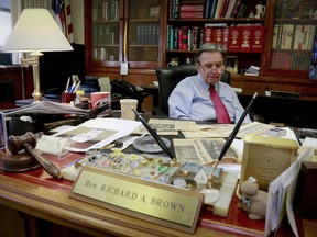 FILE- In this Aug. 9, 2017 file photo, Queens District Attorney Richard A. Brown, who in 1977 was the supervising Brooklyn judge in the arraignment of David Berkowitz, the "Son of Sam" serial killer, is seated at his desk during an interview in New York. Brown died Friday. May 3, 2019. He was 86.