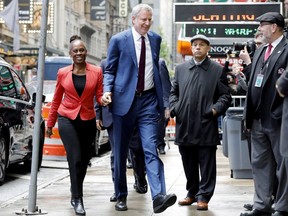 New York Mayor Bill de Blasio and his wife Chirlane McCray arrive at "Good Morning America" in New York, Thursday, May 16, 2019. De Blasio announced Thursday that he will seek the Democratic nomination for president, adding his name to an already long list of candidates itching for a chance to take on Donald Trump.