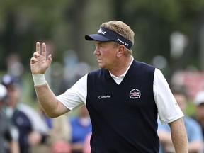Paul Broadhurst waves to the crowd after his birdie on the sixth hole during the third round of the Senior PGA Championship golf tournament, Saturday, May 25, 2019, in Pittsford, N.Y.