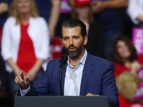 FILE - In this Thursday, March 28, 2019, file photo, Donald Trump Jr. speaks at a rally for President Donald Trump in Grand Rapids, Mich. The chairman of the Senate intelligence committee says the panel subpoenaed Donald Trump Jr. after he backed out of two interviews that were part of its Russia investigation.