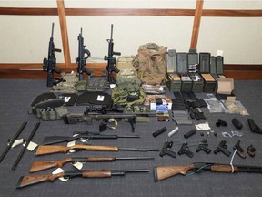 FILE - This undated file image provided by the U.S. District Court in Maryland shows a photo of firearms and ammunition that was in the motion for detention pending trial in the case against Christopher Hasson. A defense attorney has proposed several pretrial release options for U.S. Magistrate Judge Charles Day to consider during a detention hearing, Tuesday, May 7, 2019, in Maryland for Hasson. (U.S. District Court via AP, File)