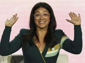 FILE - In a Thursday, Jan. 31, 2019 file photo, Gina Rodriguez speaks in the A Final Farewell to "Jane the Virgin" panel during the CW TCA Winter Press Tour, in Pasadena, Calif. Rodriguez has gotten married. The 34-year-old shared a video on Instagram of the Saturday, May 4, 2019 wedding to Joe LoCicero.