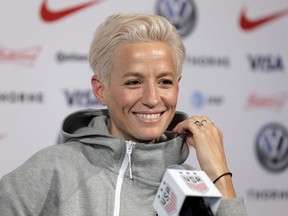 Megan Rapinoe, a member of the United States women's national soccer team, speaks to reporters during a news conference in New York, Friday, May 24, 2019.