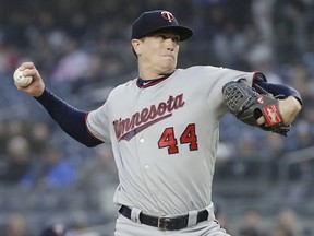 Minnesota Twins' Kyle Gibson throws during the first inning of the team's baseball game against the New York Yankees on Friday, May 3, 2019, in New York.