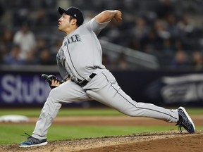 Seattle Mariners starting pitcher Yusei Kikuchi delivers during the seventh inning of a baseball game against the New York Yankees, Wednesday, May 8, 2019, in New York.