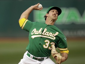 Oakland Athletics pitcher Daniel Mengden works against the Seattle Mariners during the first inning of a baseball game Friday, May 24, 2019, in Oakland, Calif.