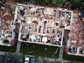 This aerial photo shows tornado damage at the Westbrooke Village Apartment complex in Trotwood, Ohio, Tuesday, May 28, 2019.