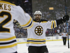 Boston Bruins' David Krejci, of the Czech Republic, celebrates a goal against the Columbus Blue Jackets during the third period of Game 6 of an NHL hockey second-round playoff series Monday, May 6, 2019, in Columbus, Ohio.