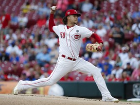 Cincinnati Reds starting pitcher Luis Castillo throws during the first inning of the team's baseball game against the Chicago Cubs, Thursday, May 16, 2019, in Cincinnati.
