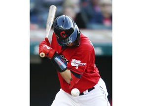 Cleveland Indians' Kevin Plawecki is hit by a pitch from Chicago White Sox starter Reynaldo Lopez during the fourth inning of a baseball game Wednesday, May 8, 2019, in Cleveland.