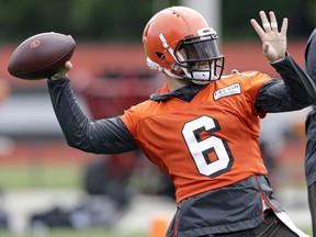 Cleveland Browns quarterback Baker Mayfield throws during an NFL football organized team activity session at the team's training facility, Thursday, May 30, 2019, in Berea, Ohio.