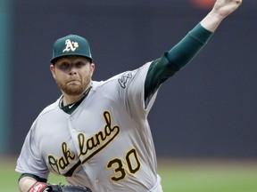 Oakland Athletics starting pitcher Brett Anderson delivers in the first inning of a baseball game against the Cleveland Indians, Monday, May 20, 2019, in Cleveland.