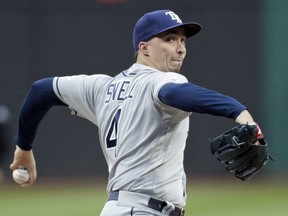 Tampa Bay Rays starting pitcher Blake Snell delivers in the first inning of the team's baseball game against the Cleveland Indians, Friday, May 24, 2019, in Cleveland.