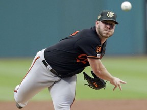 Baltimore Orioles starting pitcher Dylan Bundy delivers in the first inning of a baseball game against the Cleveland Indians, Friday, May 17, 2019, in Cleveland.