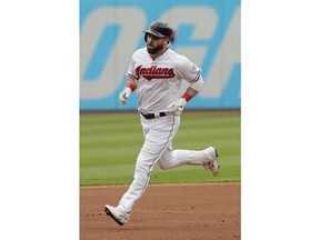 Cleveland Indians' Jason Kipnis runs the bases after hitting a solo home run off Baltimore Orioles starting pitcher Dan Straily in the first inning of a baseball game, Thursday, May 16, 2019, in Cleveland.