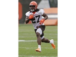 Cleveland Browns running back Kareem Hunt runs a route during an NFL football organized team activity session at the team's training facility, Thursday, May 30, 2019, in Berea, Ohio.