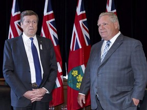 Toronto Mayor John Tory, left, and Ontario Premier Doug Ford stand for a photo opp in Ford's Queen's Park office in Toronto on December 6, 2018.