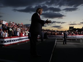 President Donald Trump gestures to the crowd as he finishes speaking at a campaign rally, Monday, May 20, 2019, in Montoursville, Pa.