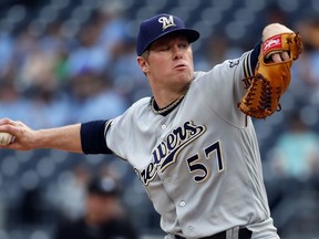 Milwaukee Brewers starting pitcher Chase Anderson delivers during the first inning of the team's baseball game against the Pittsburgh Pirates in Pittsburgh, Thursday, May 30, 2019.