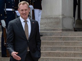 US Acting Secretary of Defense Patrick Shanahan speaks to the press prior to welcoming Latvian Defense Minister Artis Pabriks at the Pentagon in Washington, DC, on May 10, 2019.