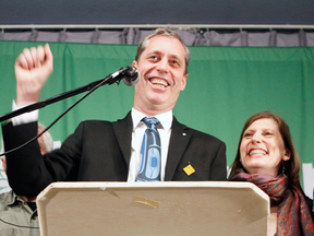 Green Party's Paul Manly celebrates with his wife Samantha after results come in for the Nanaimo-Ladysmith byelection in Nanaimo, B.C., on May 6, 2019.