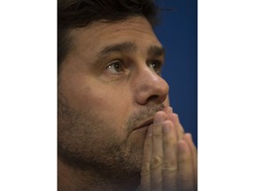 Tottenham coach Mauricio Pochettino reacts during a press conference at the Johan Cruyff Arena in Amsterdam, Netherlands, Tuesday, May 7, 2019. Ajax will play Tottenham Hotspur in the Champions League semifinal, second leg, soccer match on Wednesday May 8, 2019. (AP Photo/)