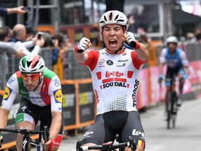 Australian cyclist Caleb Ewan celebrates while crossing the finish line to win the eighth stage of the Giro d'Italia cycling race, from Tortoreto Lido to Pesaro, Italy, Saturday, May 18, 2019.