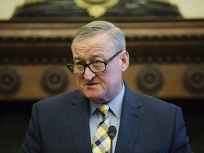 In this Jan. 17, 2019, file photo, Philadelphia Mayor Jim Kenney speaks during a news conference at City Hall in Philadelphia. Kenney is hoping to keep his job and his signature achievement, a soda tax that's helping to provide free preschool classes.