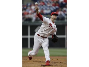 Philadelphia Phillies starting pitcher Jerad Eickhoff throws during the first inning of a baseball game against the Washington Nationals, Friday, May 3, 2019, in Philadelphia.