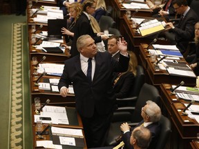 At the Queen's Park Legislature, Ontario Premier Doug Ford acknowledges the public gallery on Thursday May 2, 2019.