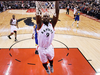 Toronto Raptor Serge Ibaka dunks the ball during Game 1 against the Golden State Warriors.